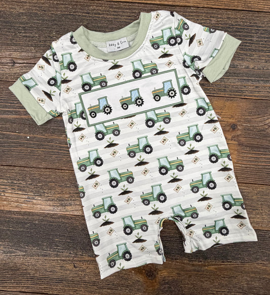 Sage Tractor Embroidery Romper