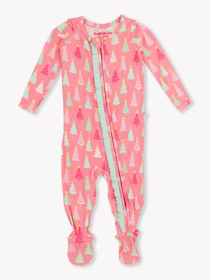 RuffleButts Merry Pink Pines Ruffle Footie