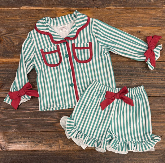 Green + Red Striped Pajama Set
