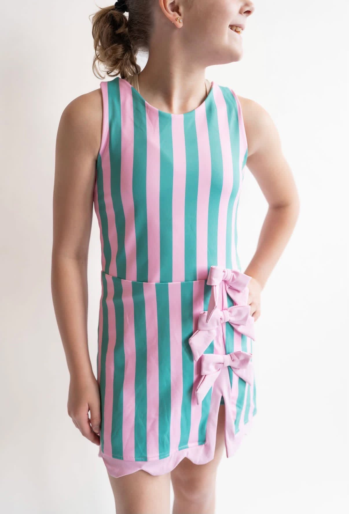 Mint + Pink Striped Scallop Bow Dress
