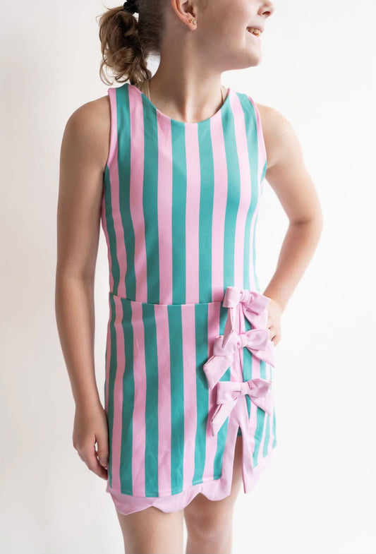 Mint + Pink Striped Scallop Bow Dress