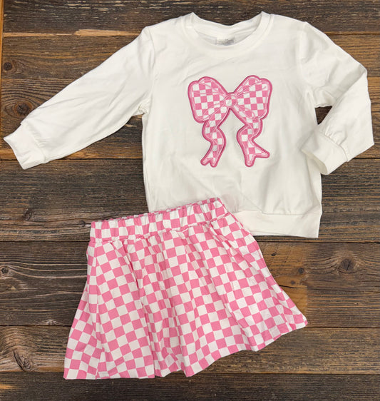 Pink Checkered Bow Skort Set