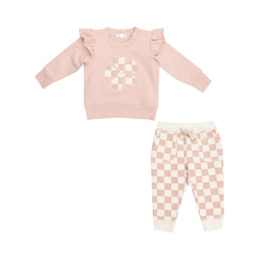 Angel Dear French Terry Checkerboard Pink Ruffle Sweatshirt + Jogger Set