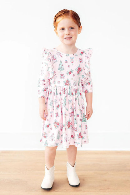 MR Pink Christmas 3/4 Sleeve Ruffle Twirl Dress