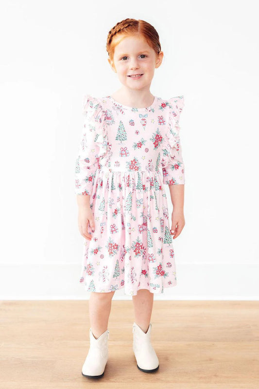 MR Pink Christmas 3/4 Sleeve Ruffle Twirl Dress