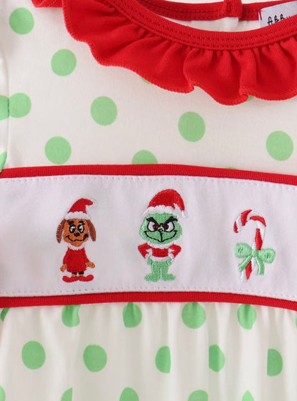 Green Guy Embroidered Ruffle Dot Romper