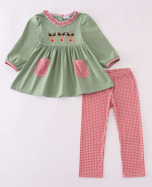 Reindeer Embroidered Ruffle Pant Set