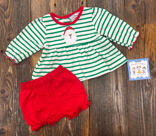 Three Sisters Green Striped Santa Applique Bloomer Set