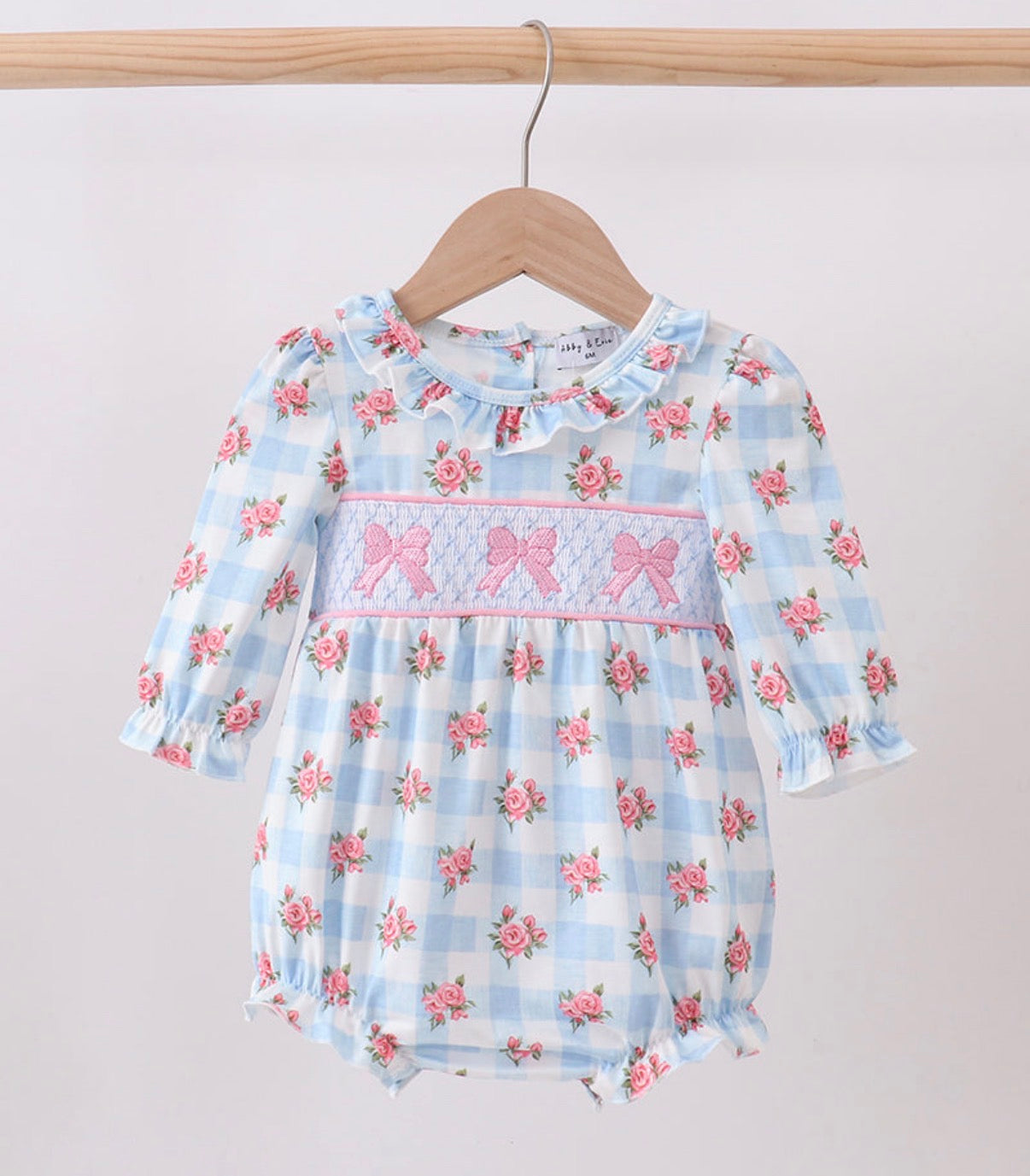 Blue Bow Smocked Floral Gingham Bubble
