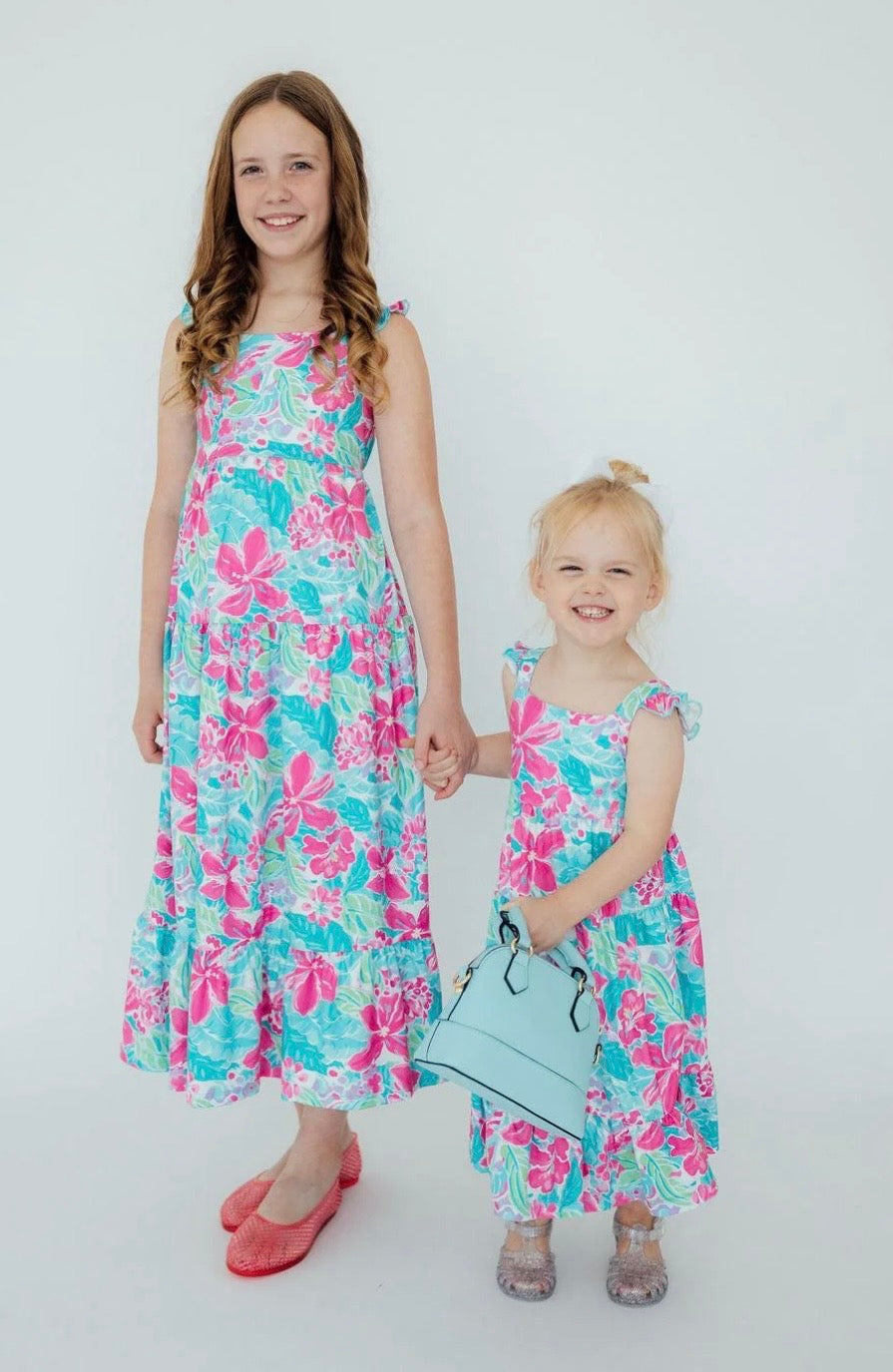 MR Tropical Punch Ruffle Maxi Dress