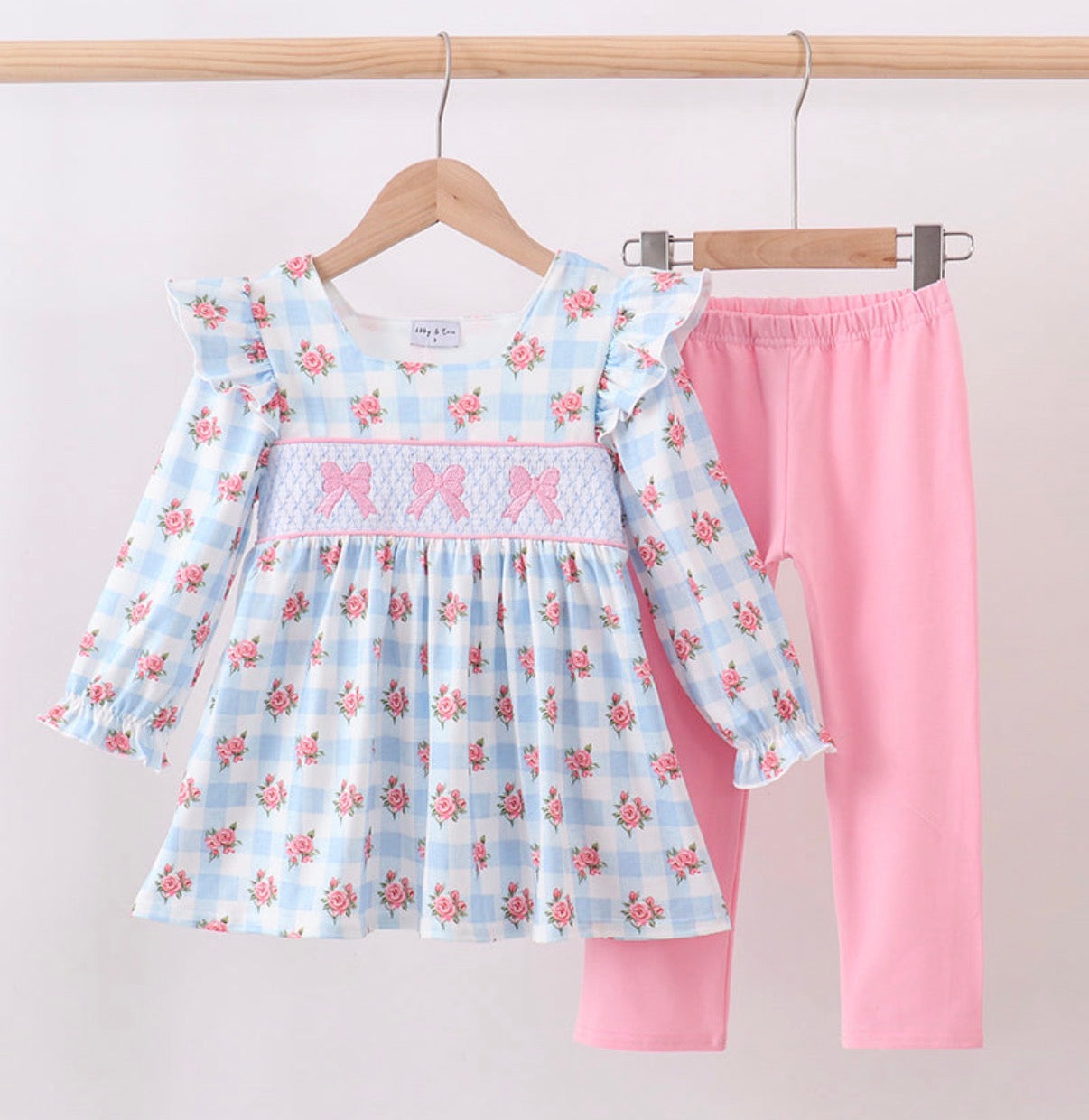 Blue Bow Smocked Gingham Pant Set