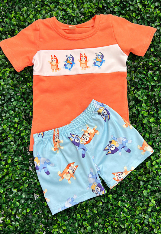 Blue + Orange Pup Short Set