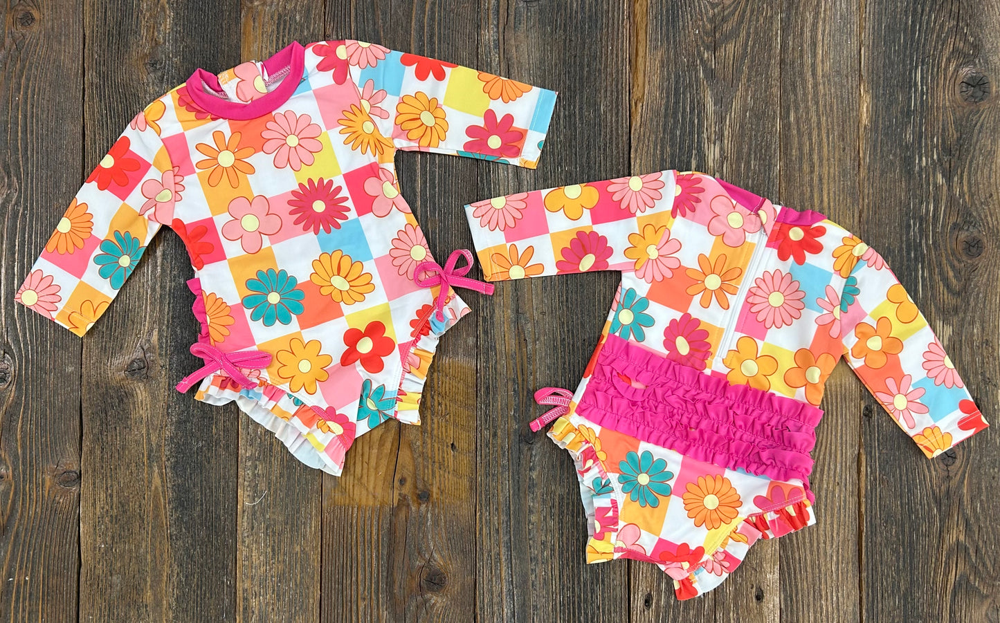 Bright Floral Ruffle Checkered Rashguard