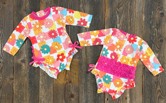 Bright Floral Ruffle Checkered Rashguard
