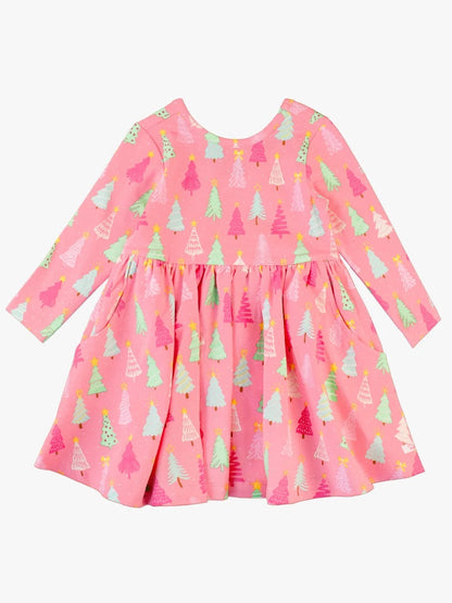RuffleButts Merry Pink Pines LS Twirl Dress