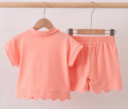 Coral Scalloped Polo Short Set