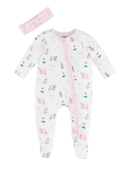 Mudpie Pink Golf Sleeper + Headband Set