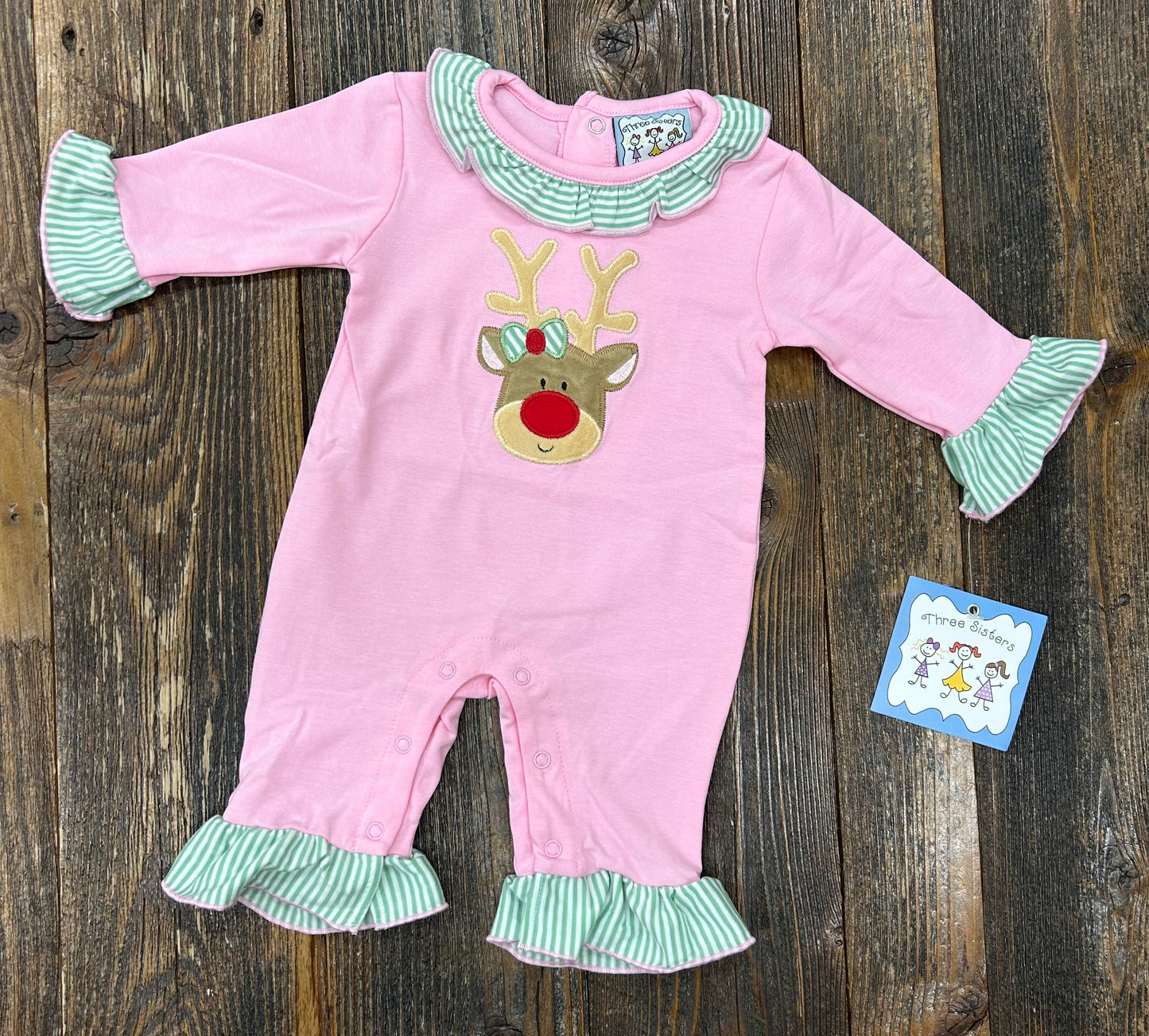 Three Sisters Reindeer Applique Girl Romper