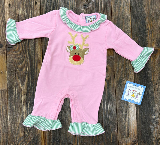 Three Sisters Reindeer Applique Girl Romper