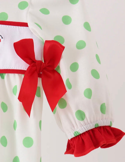 Green Guy Embroidered Ruffle Dot Romper