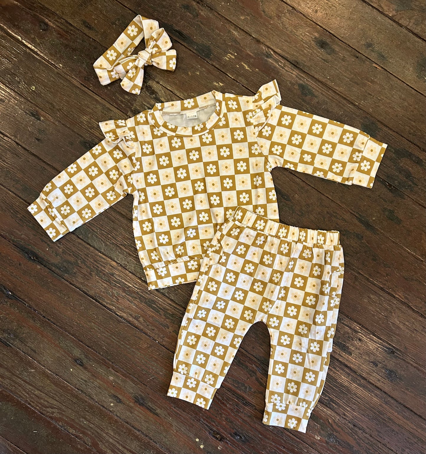 Mustard Floral Checkered 3 PC Jogger Set