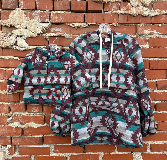 Teal & Maroon Aztec Hooded Pullover