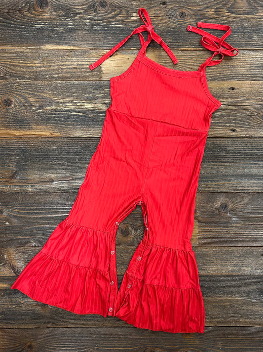 Red Ribbed Tie Jumpsuit