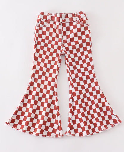 Terracotta Checkered Denim Flare Bells
