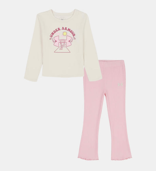 Under Armour Stone Namaste Logo & Baby Pink Ribbed Lettuce Hem Flare Pant Set