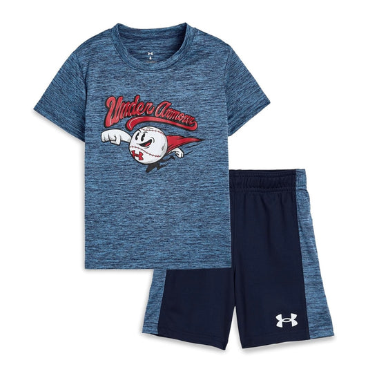Under Armour Fresco Blue Superhero Baseball Tee & Midnight Navy Twist Short Set