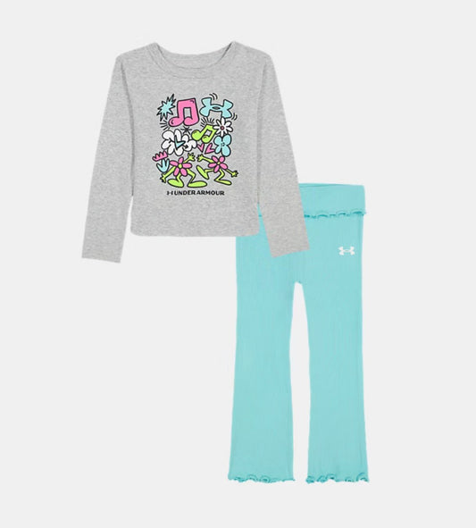 Under Armour Mod Gray Heather Floral Top & Neo Turquoise Lattice Ruffle Hem Pant Set