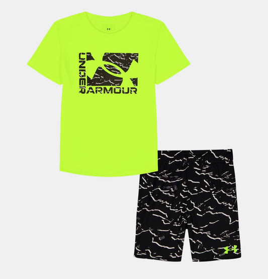 Under Armour Hi-Vis Yellow & Black Waves Logo Short Set