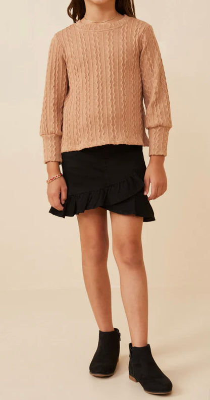 Hayden Long Cuff Cable Knit Pullover Top GY6290