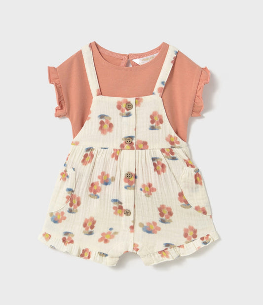 Mayoral Peach Floral Overall Set