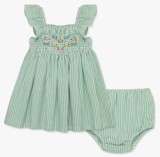 Little Me Woven Green Embroidered Dress