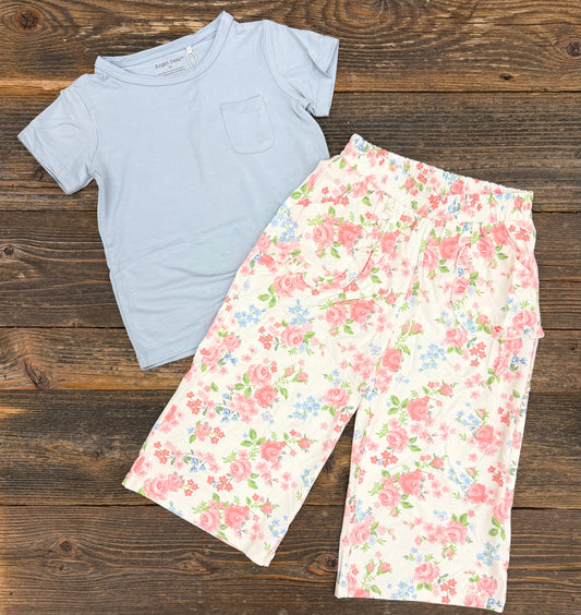 Angel Dear Cute Little Roses Short Sleeve Shirt with Wide Leg Pant