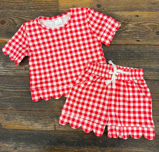 Red Gingham Scallop Short Set