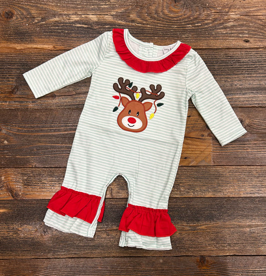 Green Striped Reindeer Ruffle Romper