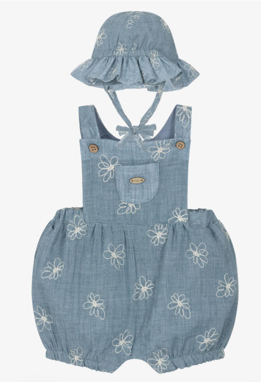 Mayoral Flower Denim Romper & Hat