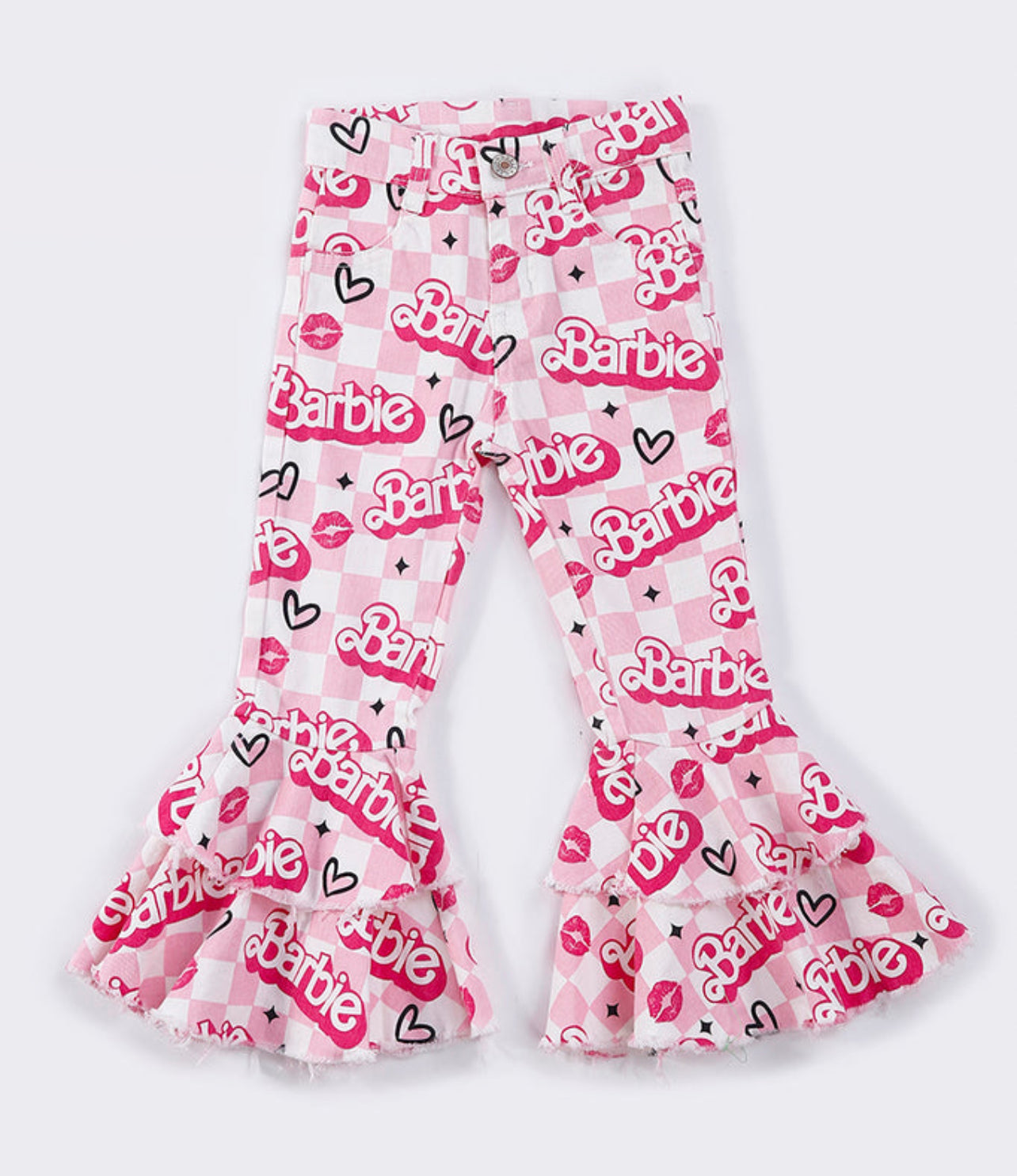 Pink Checkered Barbie Demin Flare Bells