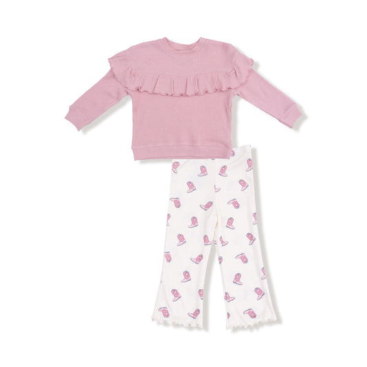Angel Dear Petite Cowgirl Boots V-Ruffle Waffle Top & Ribbed Flare Pant