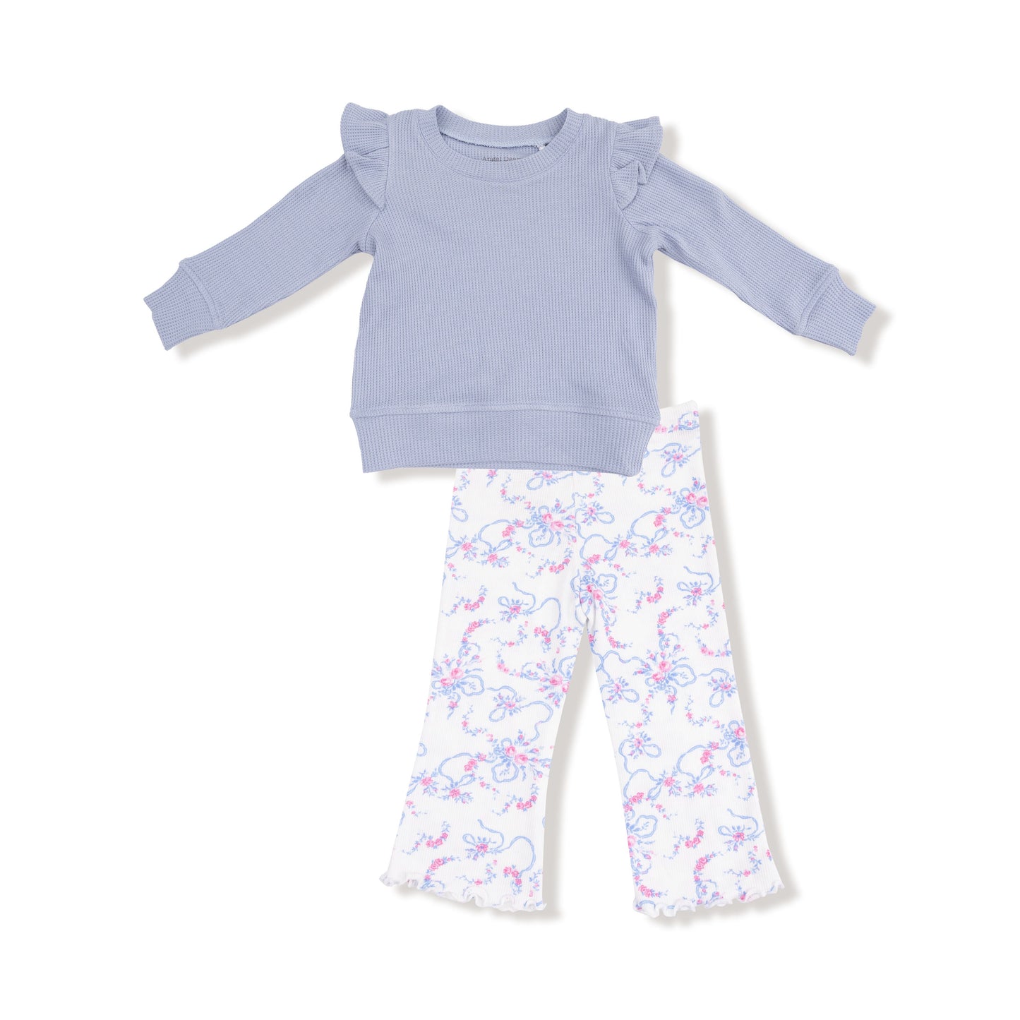 Angel Dear Ribbon Floral Fling Ruffle Shoulder Waffle Shirt & Ribbed Flare Pant
