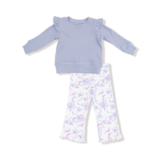 Angel Dear Ribbon Floral Fling Ruffle Shoulder Waffle Shirt & Ribbed Flare Pant