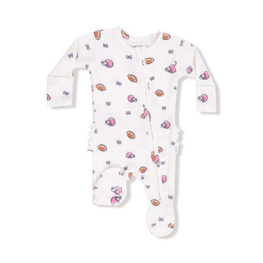 Angel Dear Footballs & Bows 2 Way Zipper Ruffle Back Footie