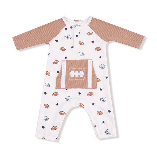 Angel Dear Football & Stars Waffle L/S Raglan Henley Romper & Kanga Pocket