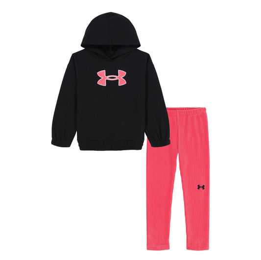Under Armour Black Hoodie & Pink Rib Velour Pant Set