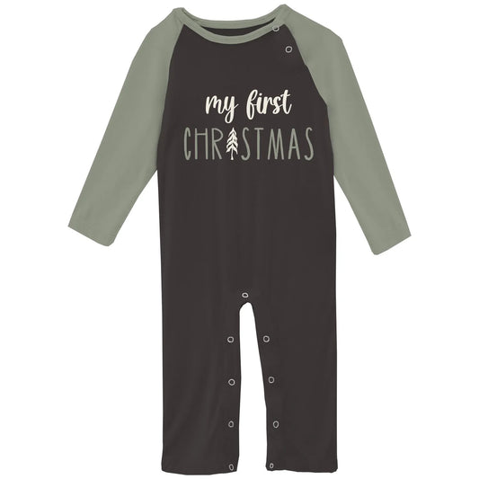 Kickee Midnight My First Christmas Long Sleeve Graphic Raglan Romper