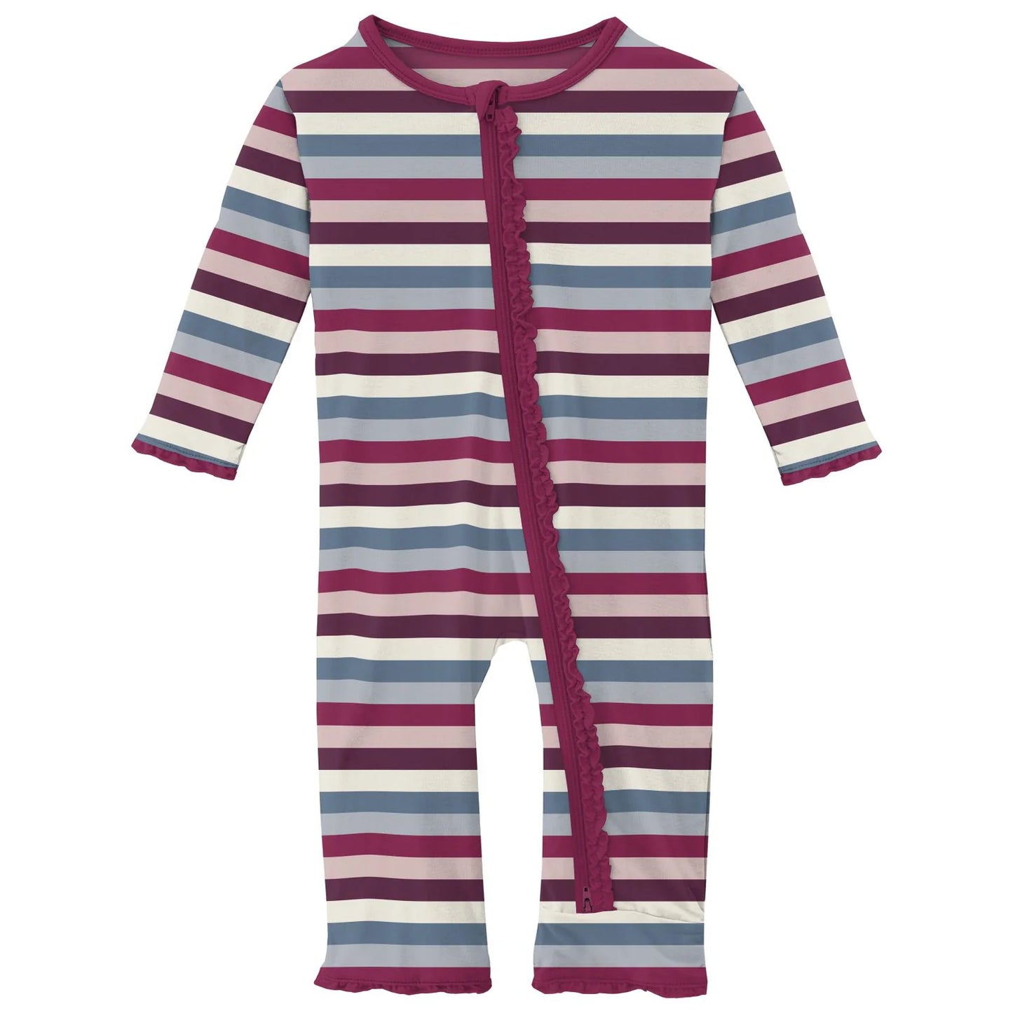 Kickee Pants Jingle Bell Stripe Muffin Ruffle Coverall with 2 Way Zipper