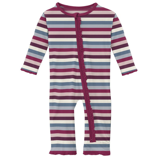 Kickee Pants Jingle Bell Stripe Muffin Ruffle Coverall with 2 Way Zipper