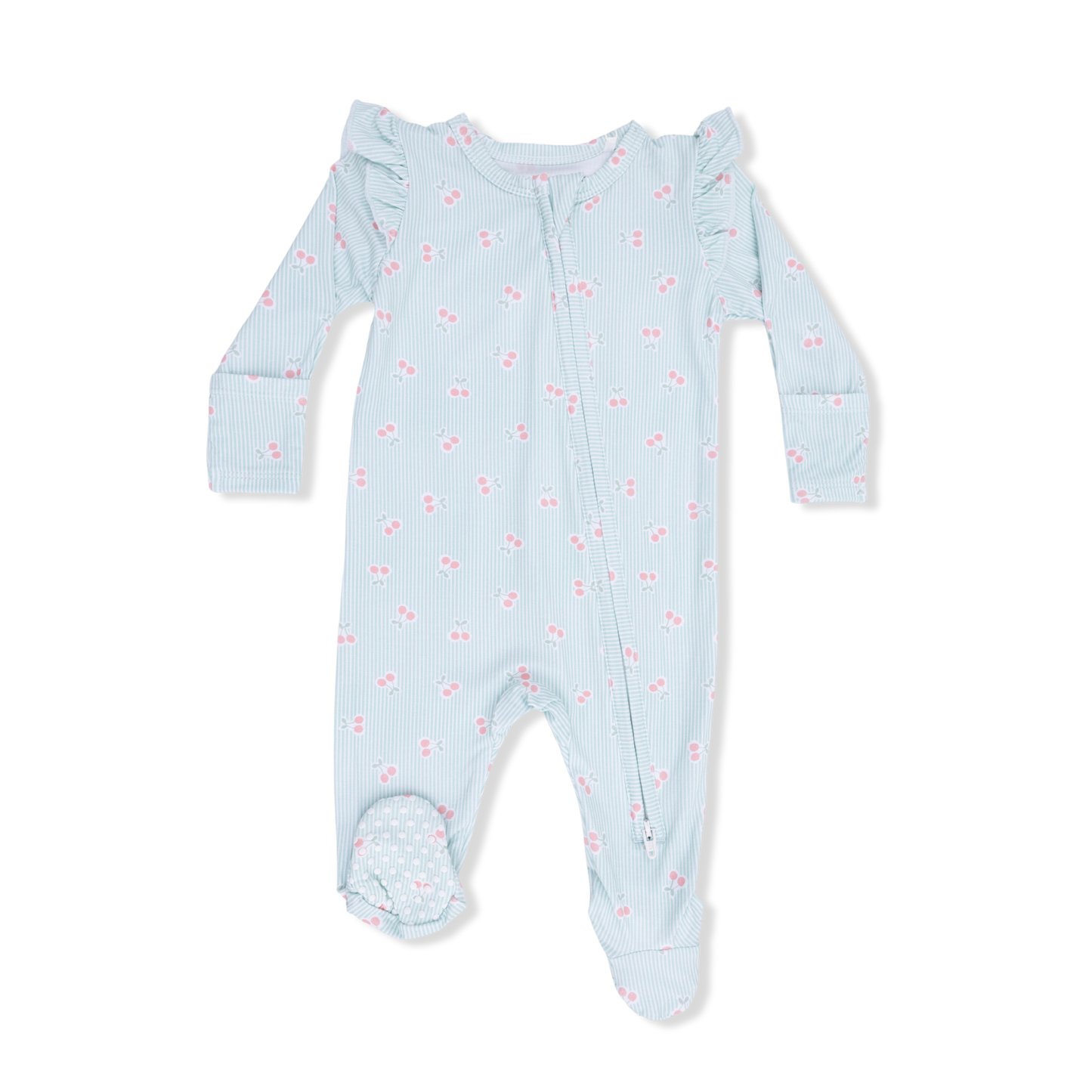 Angel Dear Tiny Cherry Stripe 2 Way Ruffle Sleeve Zipper Footie
